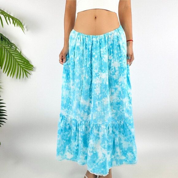 Vintage Y2K Blue Tie Dye Boho Fairycore Low Rise Beachy Hippie Maxi Skirt / S - Picture 3 of 5